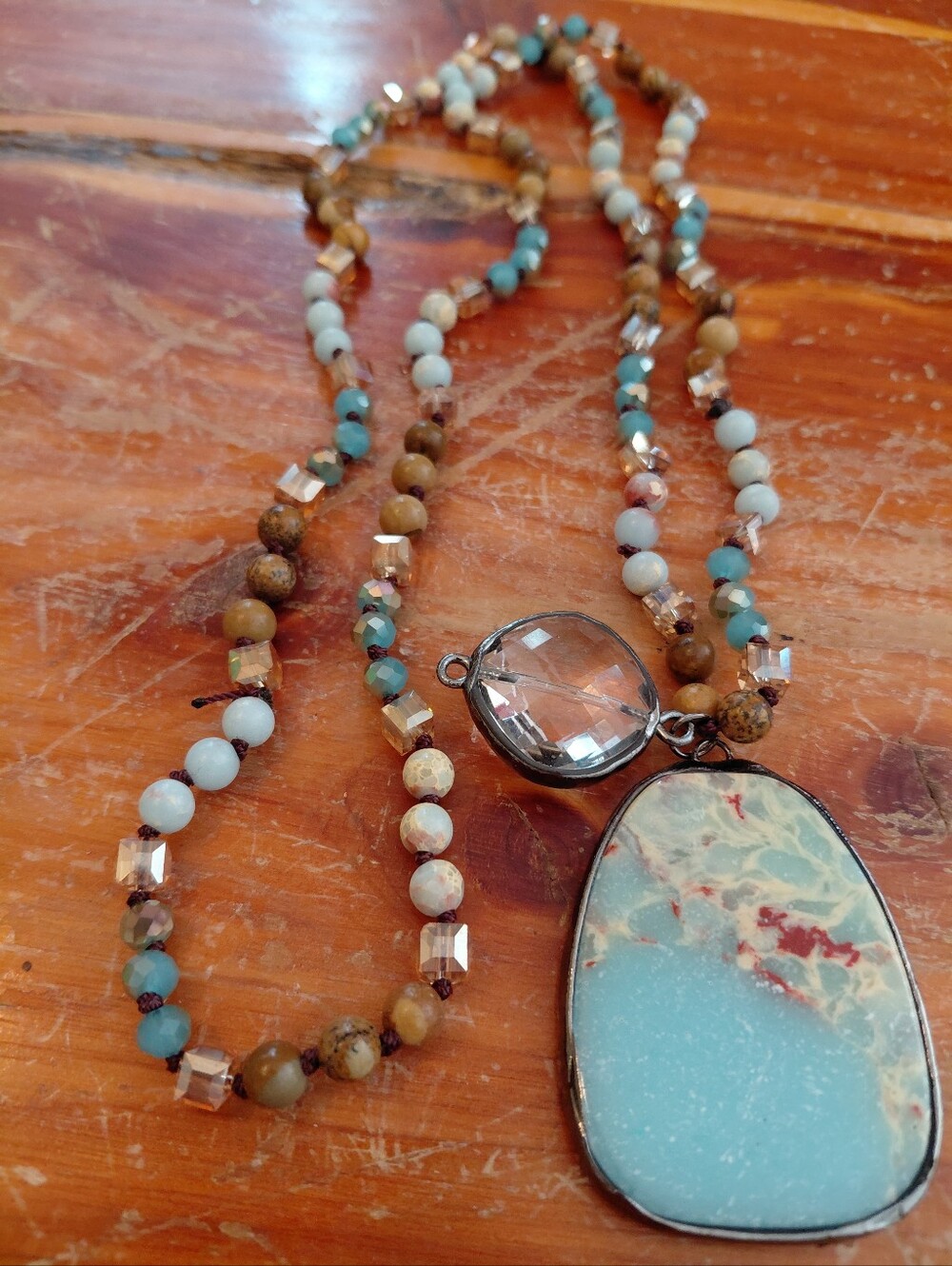 New Sundance Turquoise Jeweled Stone Pendants Beaded Necklace Blue and Brown